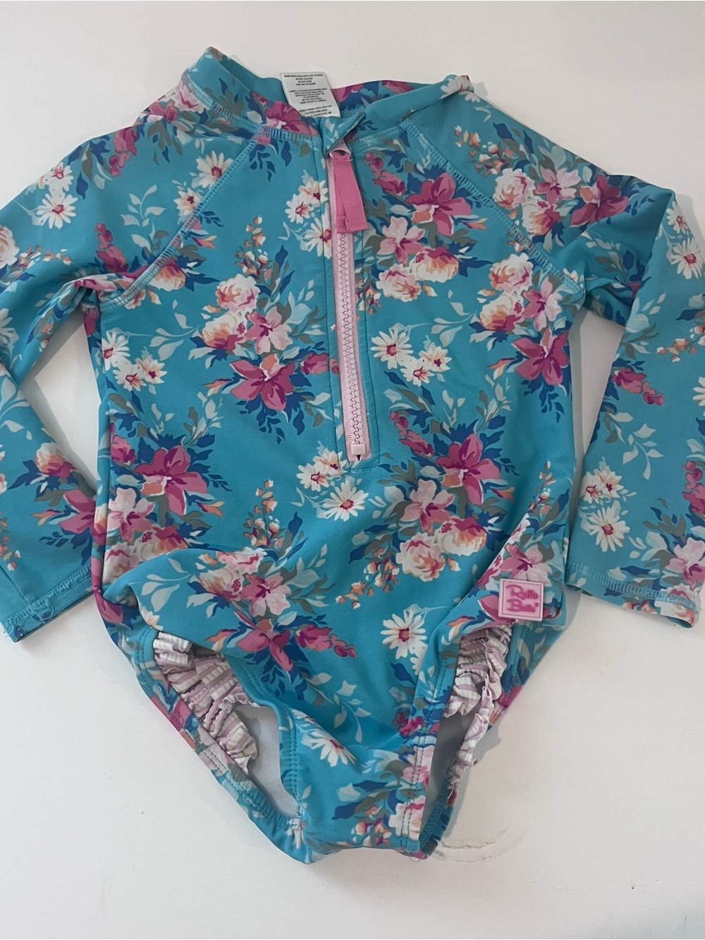 Ruffle Butts Teal Floral Long-Sleeve Rashguard with Pink Accents 3T swim suit
